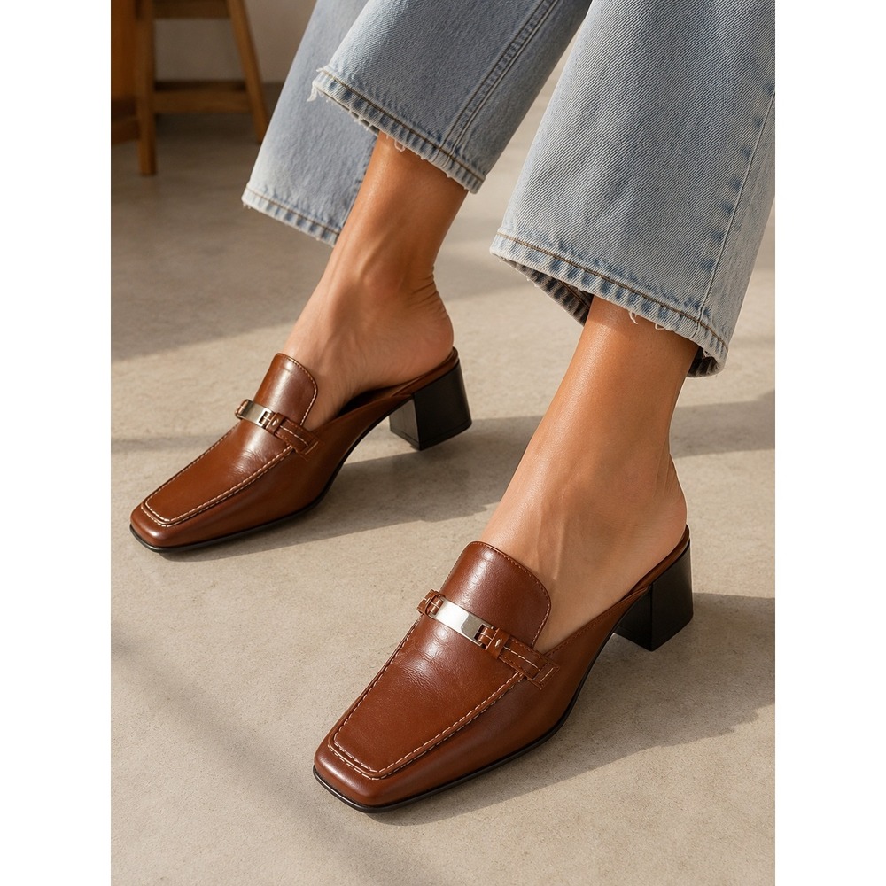 Jennifer Moore Brown Square Toe Loafer Mules Silver Bar Block Heel Womens